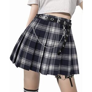 3643 Goth Black Mini Skirt with Belt Punk High Waist Plaid Skirts